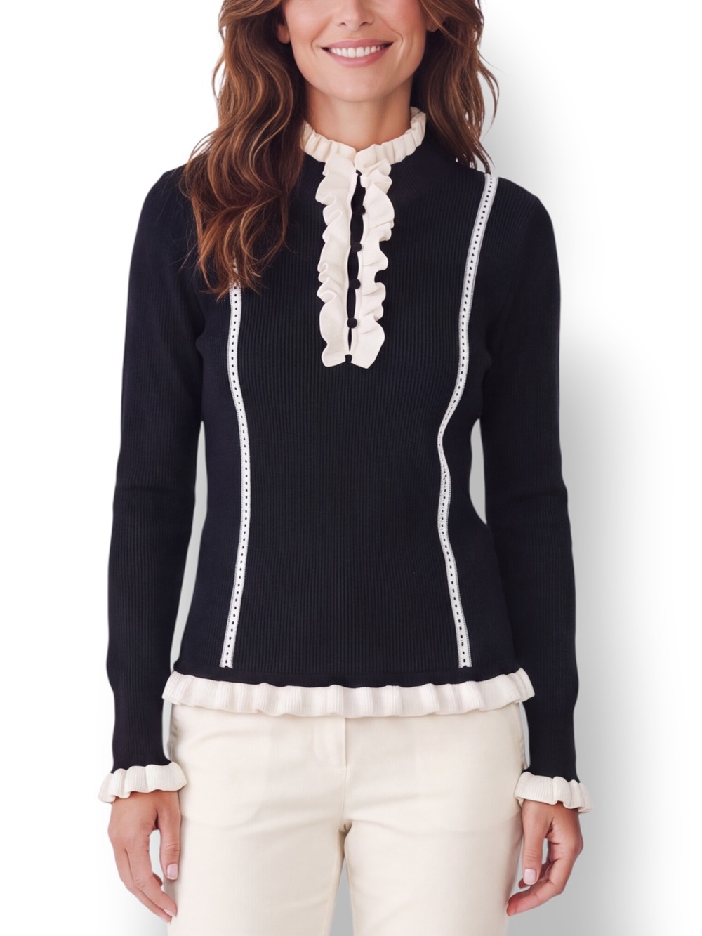4/$20 cabi Black Ivory Ruffle Trim Partial Button Pullover Sweater Large
